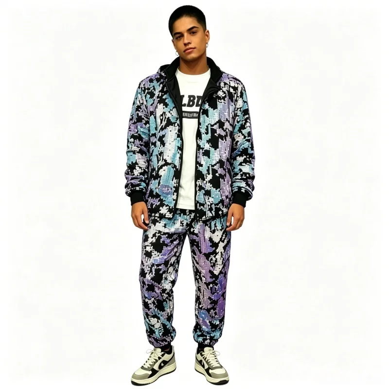 Men Sequins Two Pieces Gradual Blue Blazer Pants Set Bar Concert Male Singer Rock Hip Hop Dancer Team Performance Party Outfit