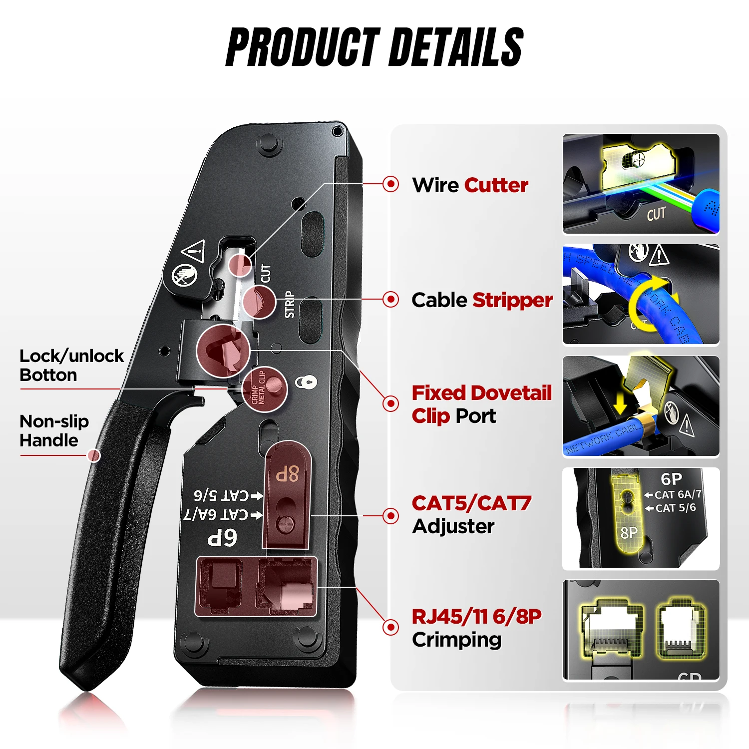 AMPCOM rj45 Crimpatrice CAT7 Strumento di crimpatura per passaggio attraverso RJ11 RJ 45 Connettore CAT6 CAT5E Spine modulari con taglierina spelafili
