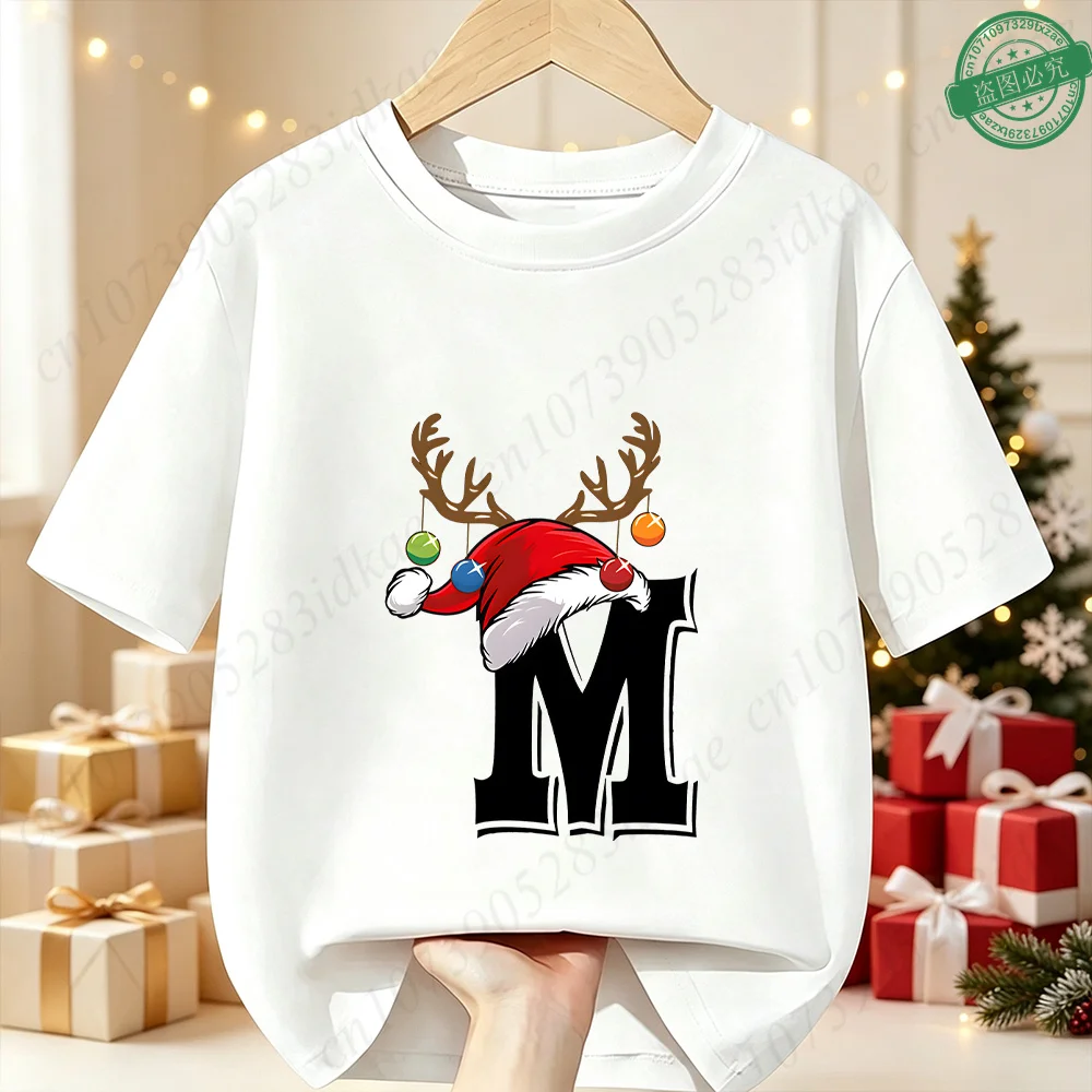 Christmas Antlers Santa Hat A‑Z Alphabet Print Kids T‑Shirt Cotton Boys Girls Short Sleeve Xmas Holiday Party Children's Tee Top