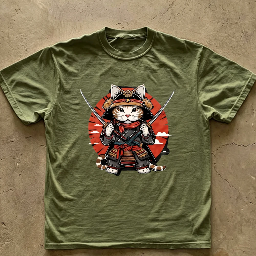 Samurai Cat Japanese Ukiyo‑e Graphic T‑Shirt Warrior Kitty Dual Katana Vintage Japan Art Print O‑Neck Soft Cotton Loose Tee Tops