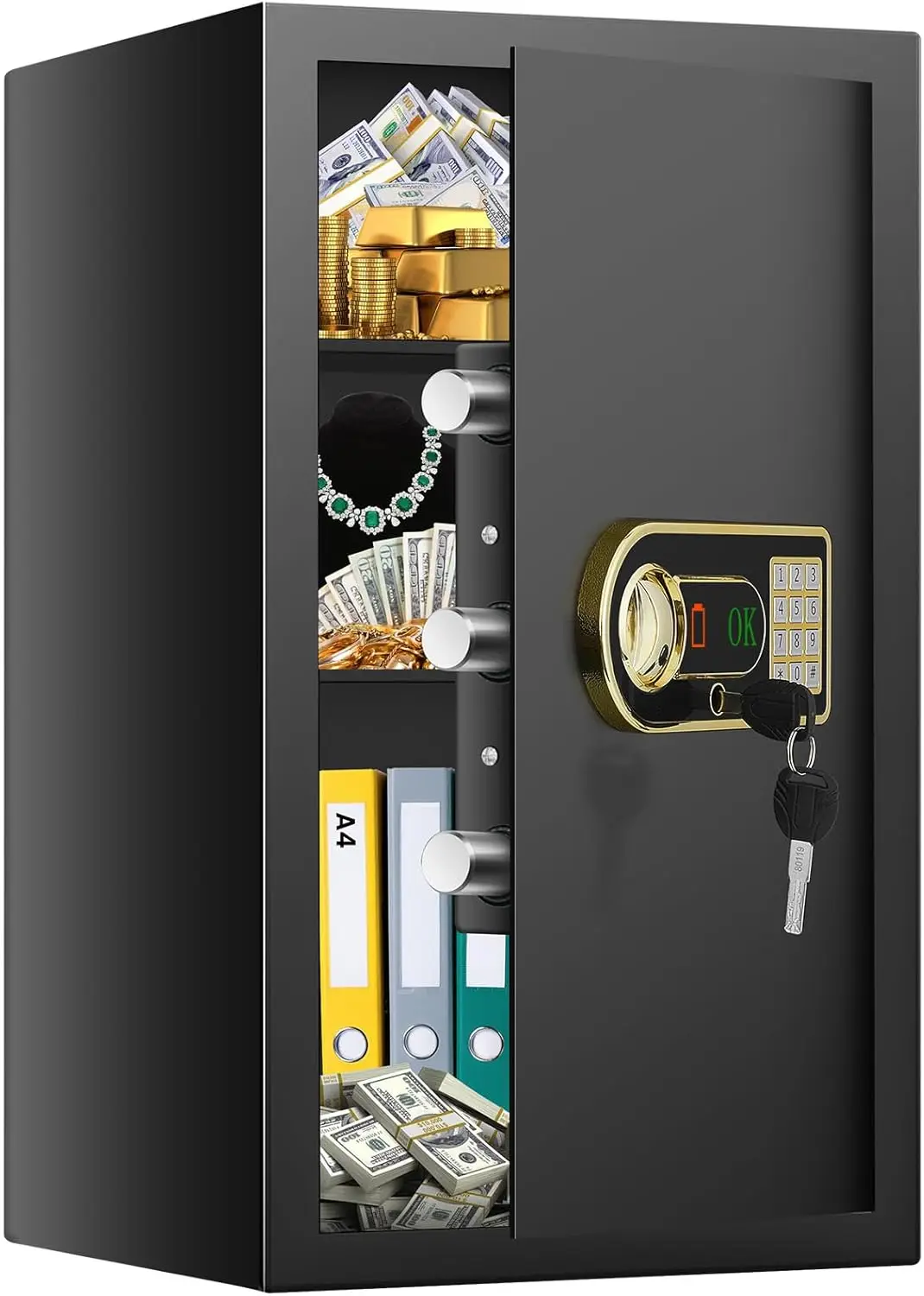 

Большие сейфы 4,0 куб. футов для домашнего использования, огнестойкие и водонепроницаемые, огнестойкий сейф цифровой безопасности с комбинацией и ключом, 2 съемных S