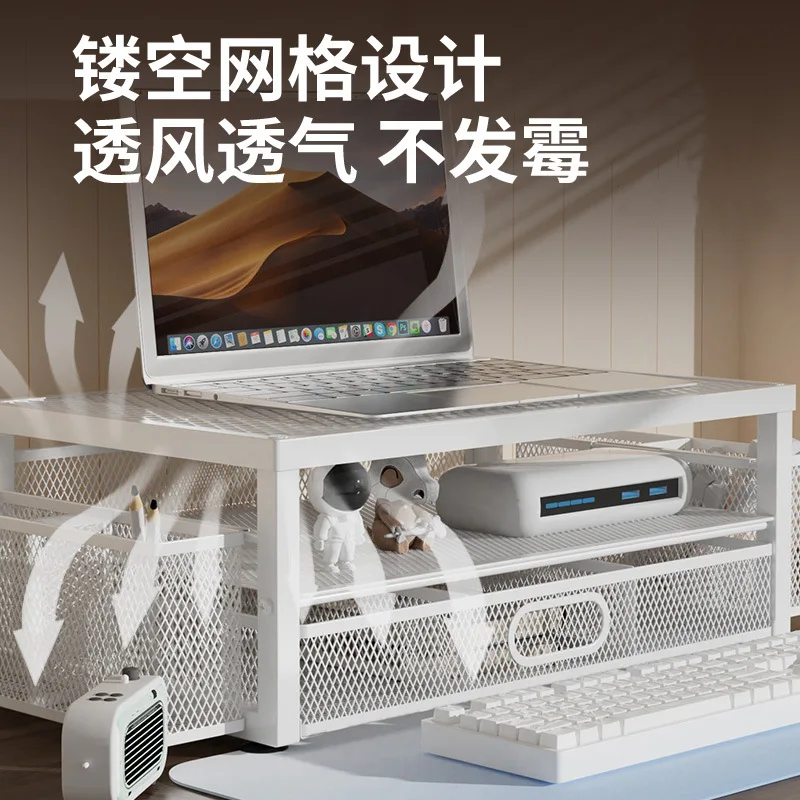 Two Tier Monitor Stand Riser Pull Out Drawer Pen Holder Steel Desktop Storage Organizer Computer Laptop Accessories Mesh Design
