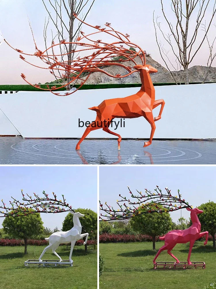 Outdoor Stainless Steel Geometric Abstract Deer Sculpture Hotel  Gallery Water Scenes of Garden Exhibition Hall Floor Decoration