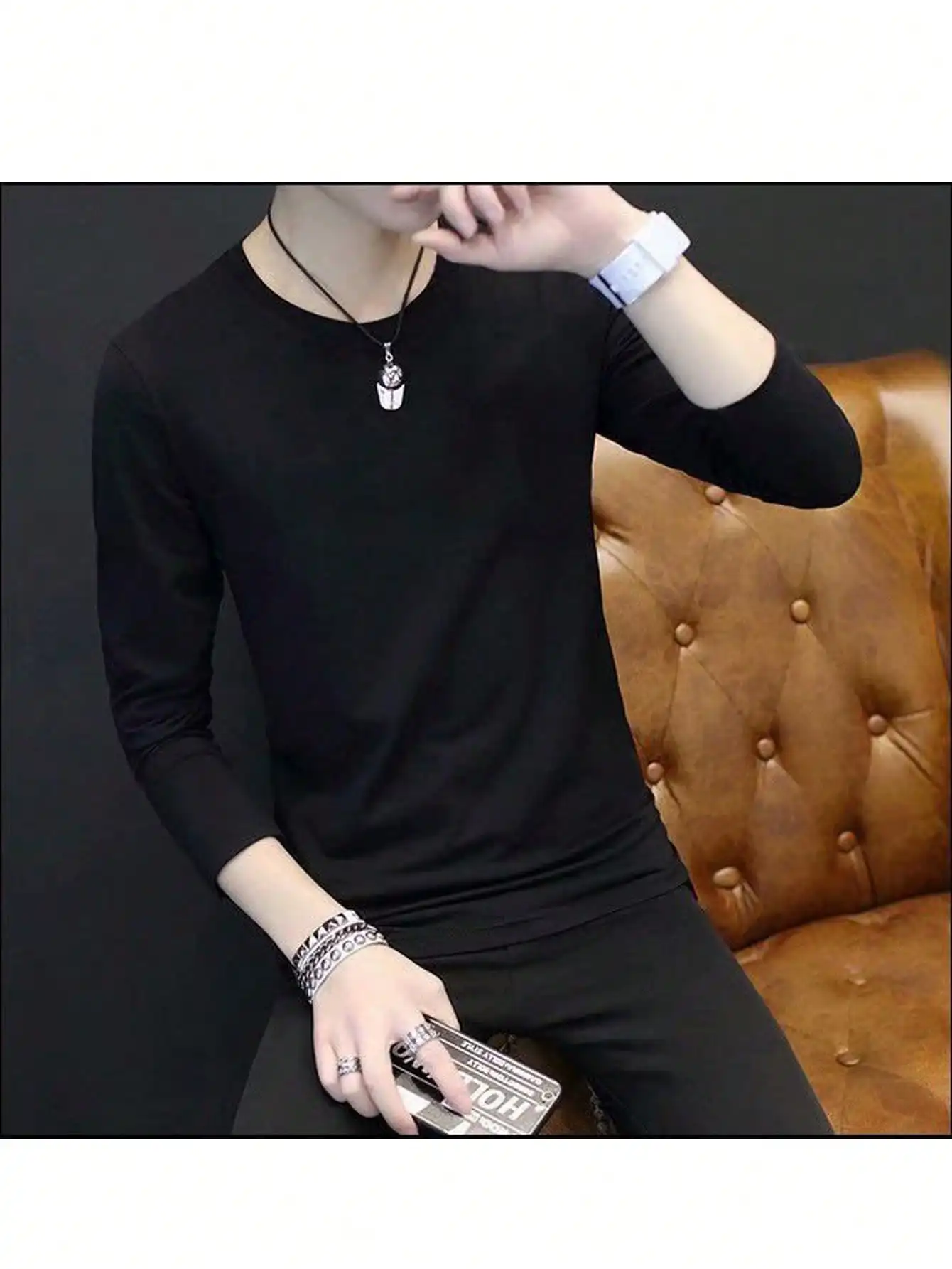 ZZH Spring and Autumn Season Men Long sleeved T shirt Bottom Shirt Youth Versatile Slim Fit Round Neck Autumn Shirt