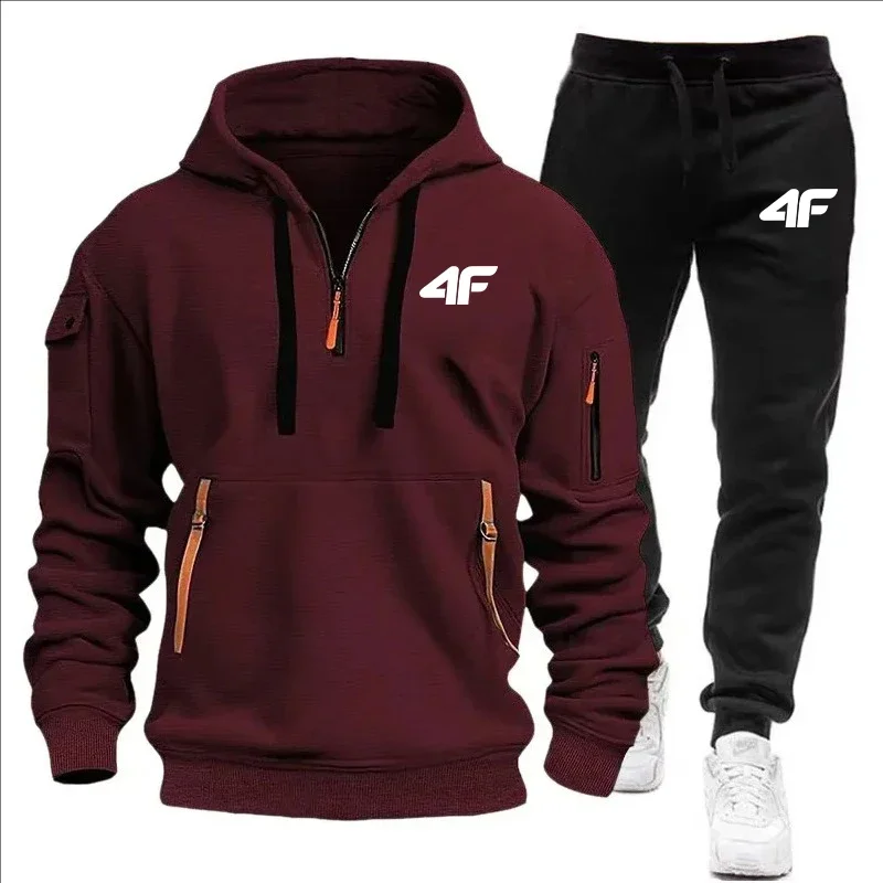 Men's tracksuit zipper hood multi-pocket and protective pants casual jogging tracksuit fall/winter 2-piece setLarge size S-3XL