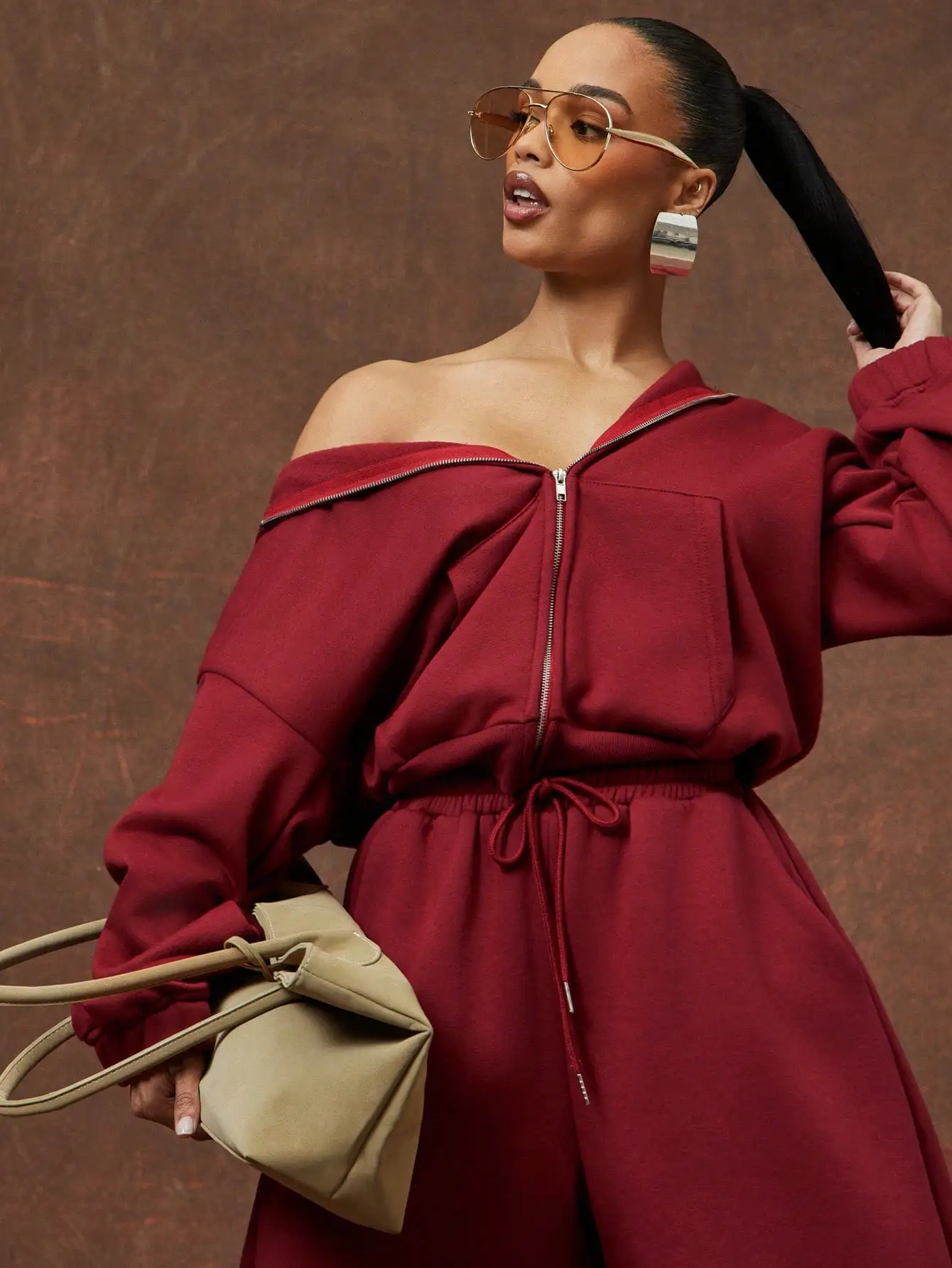 

Off Shoulder Zip Up Hoodie Sweatshirt, Oversized Drop Shoulder Fleece Pullover for Women