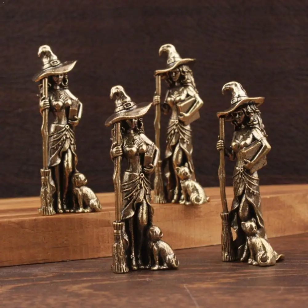 Retro Brass Magic Witch Figurines Miniatures Desktop Ornaments Character Model Small Statue Home Decor Broom Moon Witch Ornament