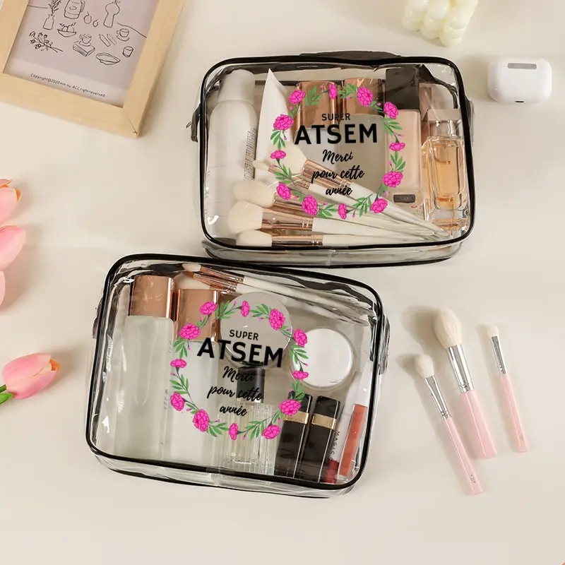 French Super ATSEM Floral Wreath Print Clear PVC Cosmetic Bag Waterproof Zipper Makeup Pouch Preschool Teacher Thank You Gift