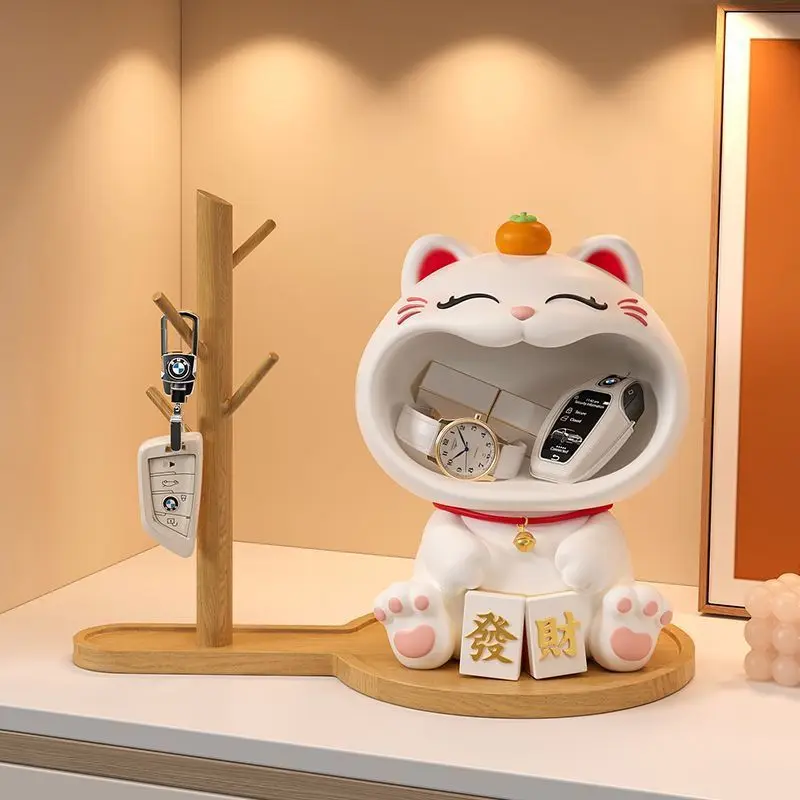 Fortune Cat Key Storage Figurine, Resin Desktop Decor, Creative Home Gift for Living Room & Entrance, Housewarming Present
