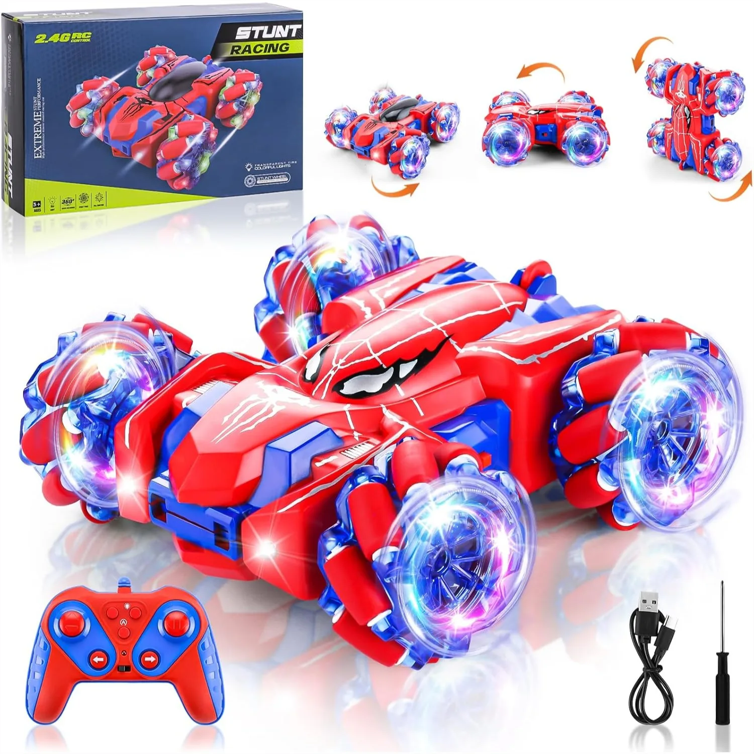 

Spider Remote Control Car, 2.4Ghz RC Cars with Headlight Double Sided Off-Road 360° Rotating Rechargeable 4WD Stunt Car Indoor