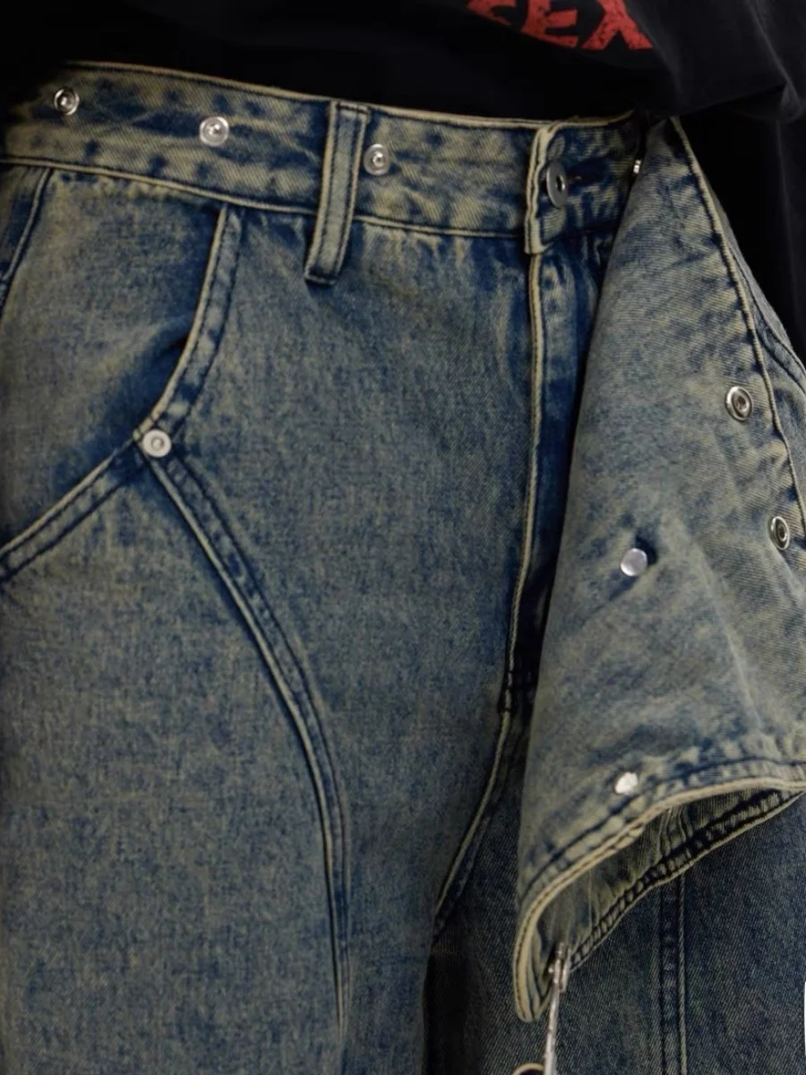 Jeans Wanita Pria Kelas Berat Waed Vintage Tali Dapat Dilepas Celana Kerja Multi-ket Haome Keren untuk Pasangan