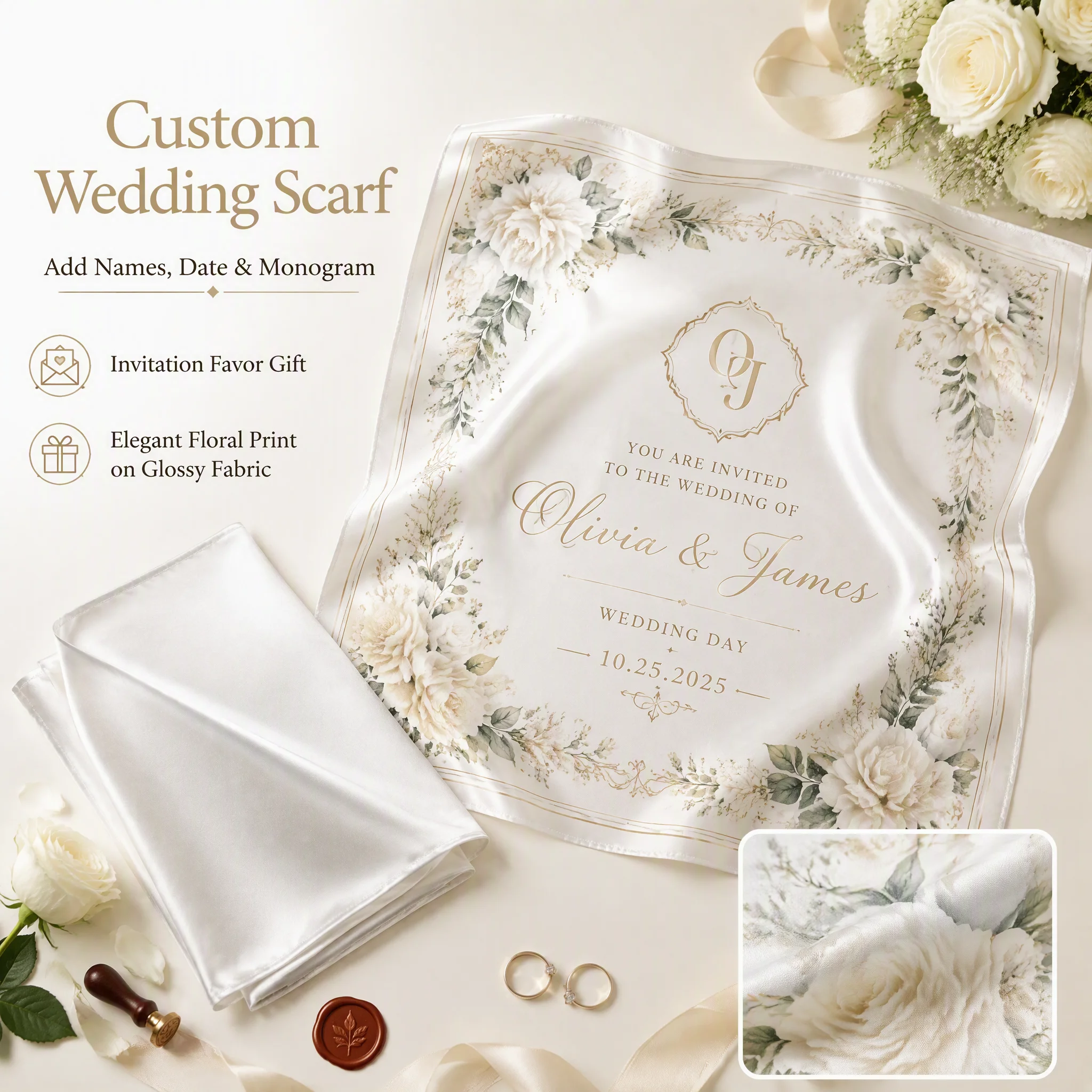 Wholesale Custom Wedding Scarf Personalized Save The Date Silk Feel Scarf Bridal Gift Small Batch Order