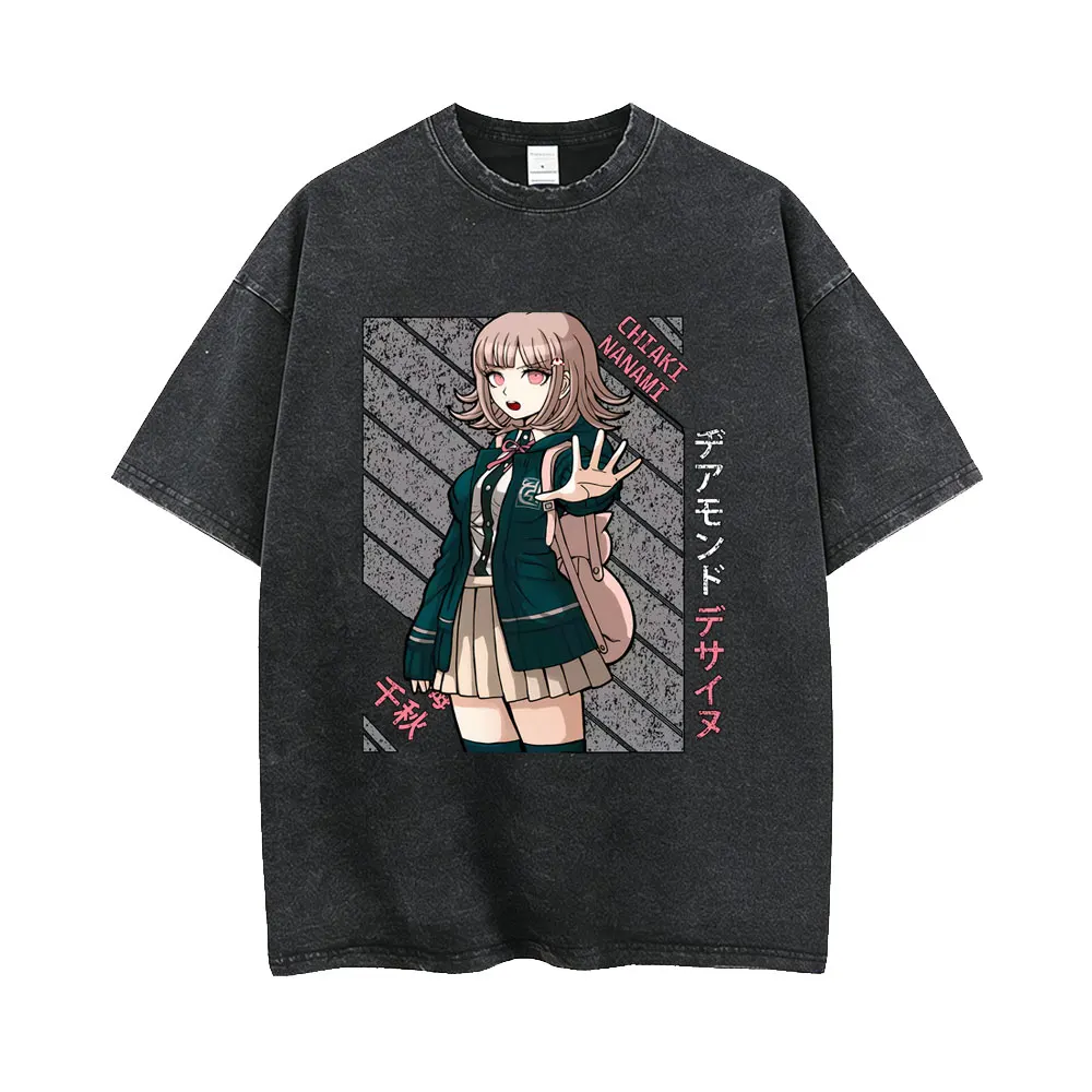 Washed Vintage Anime Danganronpa Chiaki Nanami Graphic T-shirt Men Women Manga Retro Streetwear Oversized Short Sleeve T Shirts