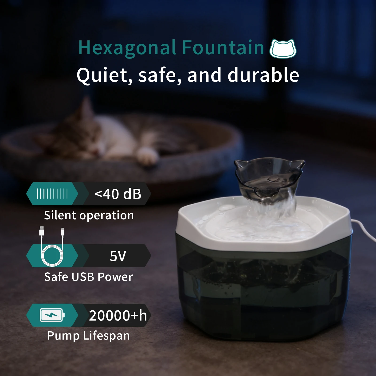 Katzenbrunnen 1,2 l/42,23 fl oz Katzenwasserspender, Haustiertrinkbrunnen, USB-betrieben – geeignet für Katzen/kleine bis mittelgroße Hunde – Detail 3