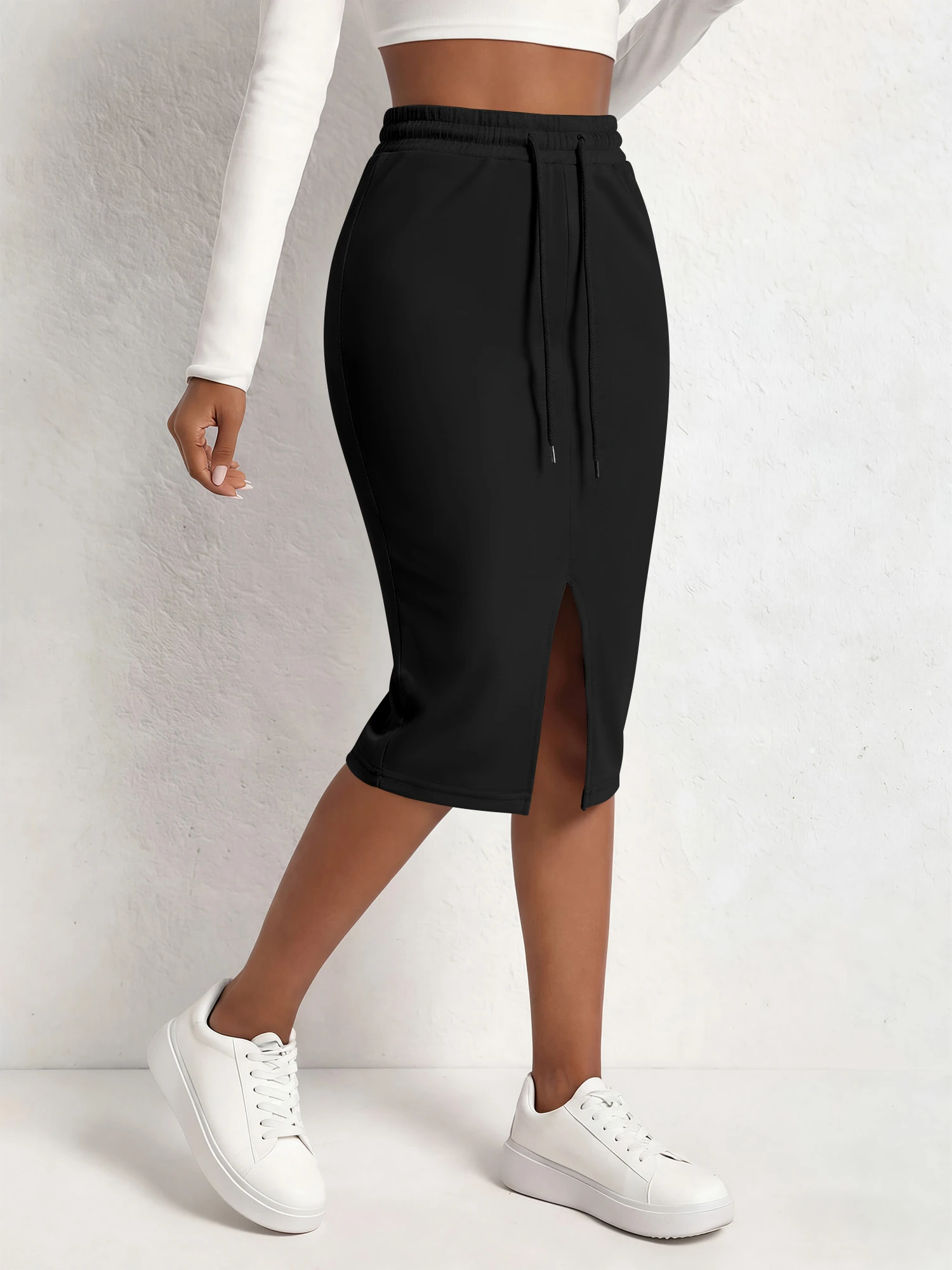 

Ladies Trendy Solid Midi Sweat Skirt High Waist Elastic Drawstring Front Slit Slim Casual Shopping Street Outfit