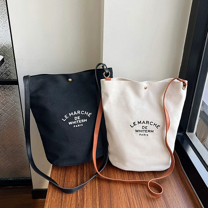 

Korean Style Simple Canvas Bucket Bag Synthetic Leather Adjustable Straps Sling Bag For Women Simple Studen Christmas Gift