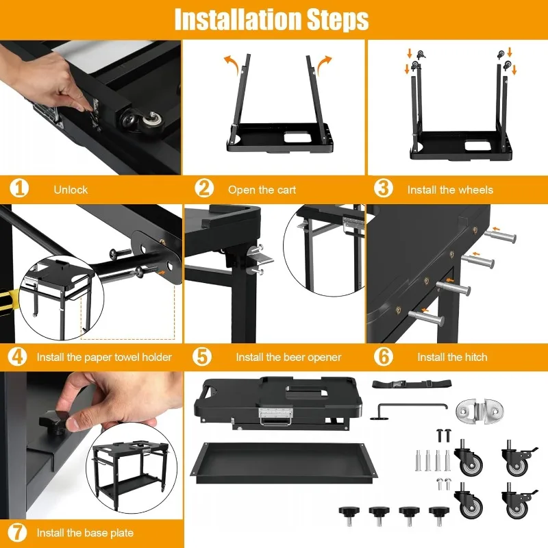 Outdoor Folding Grill, Grill Cart for Pizza Oven, Replaceable XSKUNSTAND Stand with Double Shelves, Hooks, 35.4x22x31.5 Inch