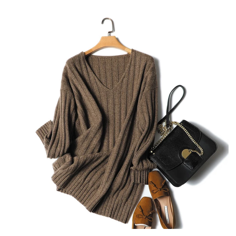 ribbed knit oversized luxury soft 100% cashmere v neck sweaters women long sleeve