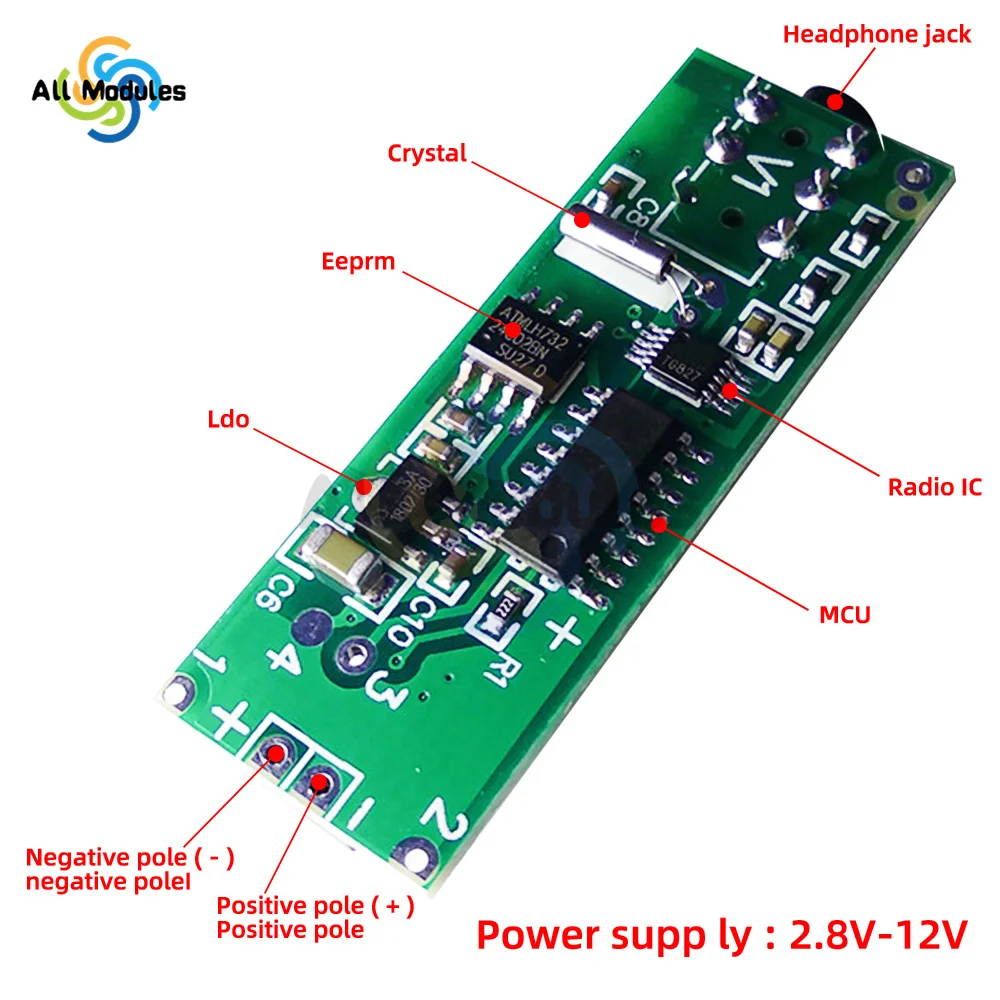 Rda5807fmステレオラジオ受信機ボードモジュール,2チャンネル,76.0MHz〜108.0MHz,変更周波数,2.8V〜12V,FMラジオ