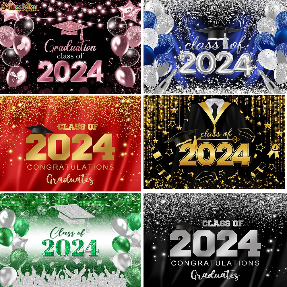 Congratulations to Class Of 2024 Graduates Backdrop Banner Balloons Champagne Glitter Carnival Party Background Prop Decor Photo