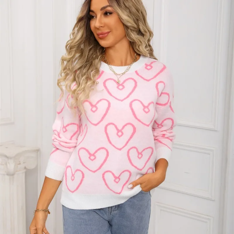 

Heart Pattern Sweater Women's Casual Round Neck Long Sleeve Pullover 2025 Female Daily Street Loose Sweaters Autumn Winter