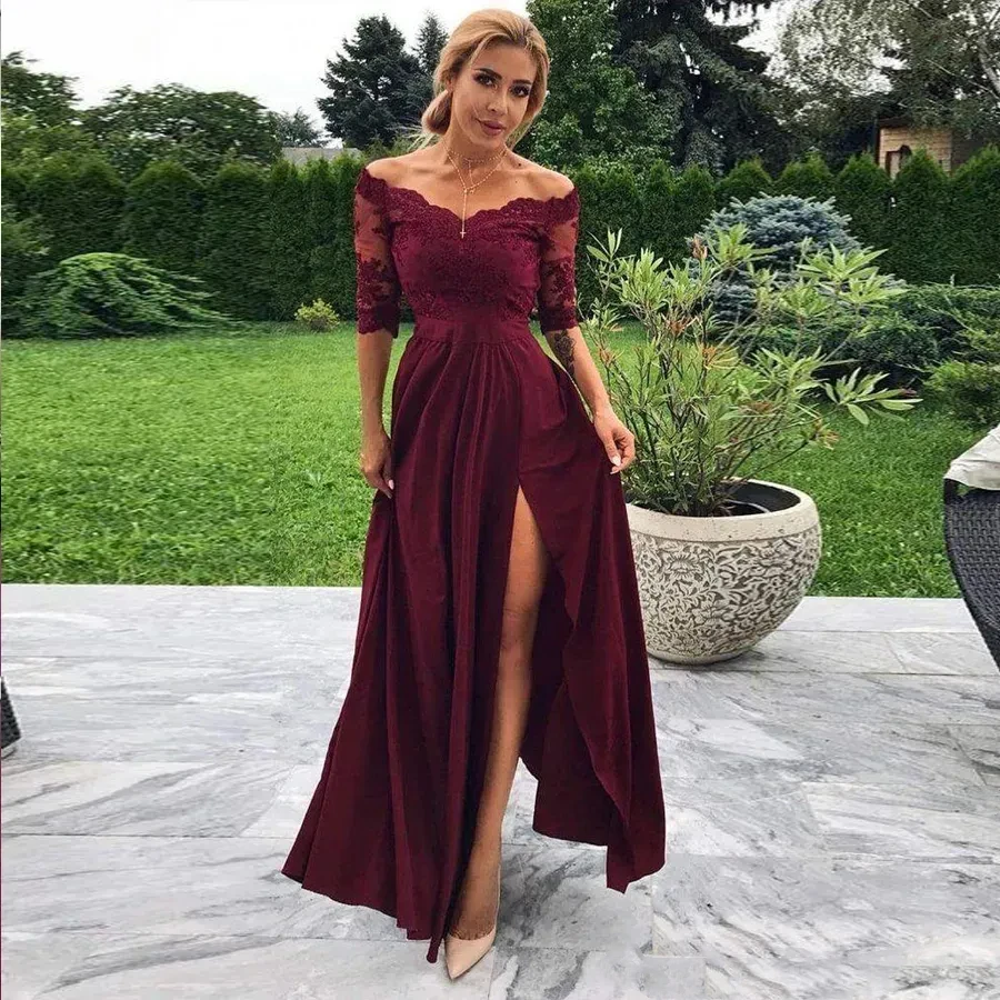 

Luxurious sexy off-the-shoulder Mother of the Bride dress side split long seven-point sleeve formal ball party evening dress