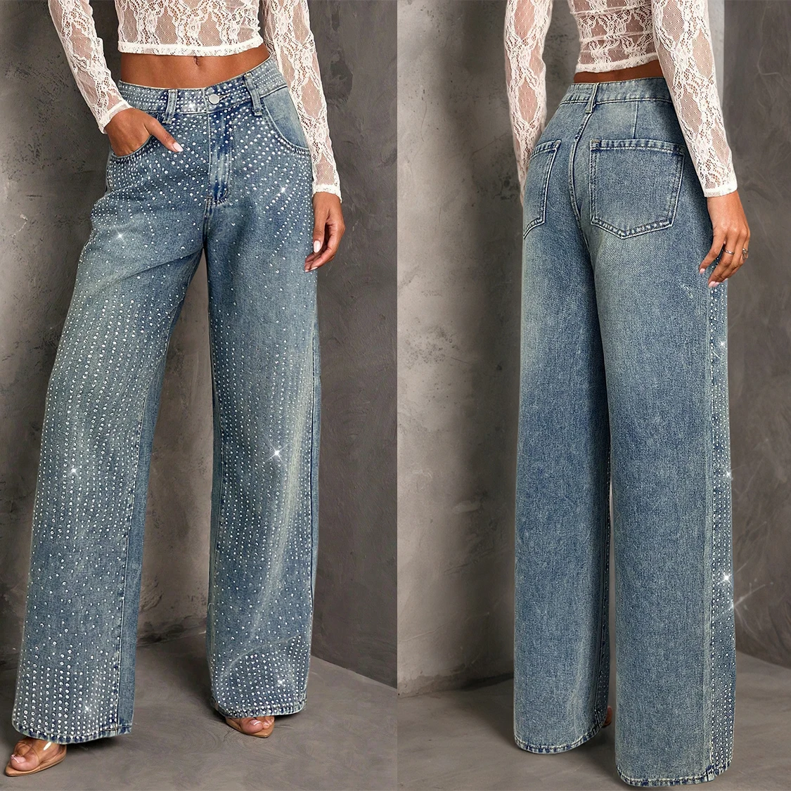 여성용 Y2K 청바지, 장식된 연청색 배기 데님 팬츠, 편안한 스트레치 일자핏 패션 바지