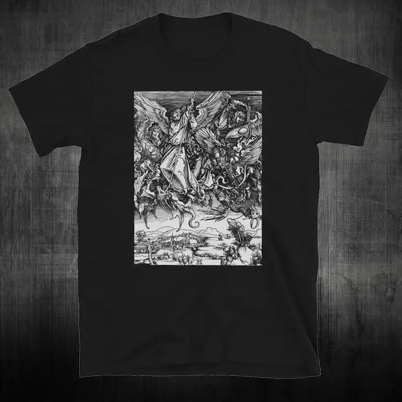 Saint Michael Fights the Dragon Albrecht Durer Angel Demon battle shirt | Dürer, Woodcut, Engraving, Renaissance, Gustave Dore