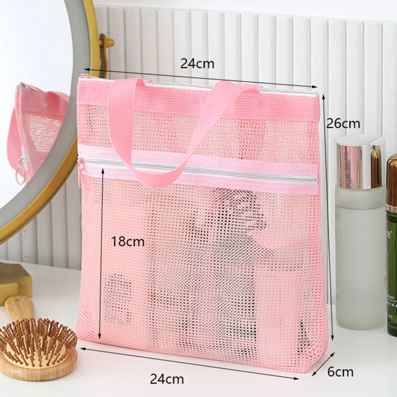 Double Zip Mesh Cosmetic Bag Portable Toiletry Beauty Storage Case Large Capacity Bath Wash Bag Solid Color Beach Bag