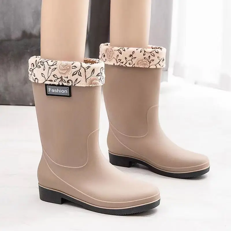 New Women's High Top Mid-Calf Low Heel Rain Shoe  Soft Sole Non Slip Waterproof Detachable Cotton Cover Work Shoes