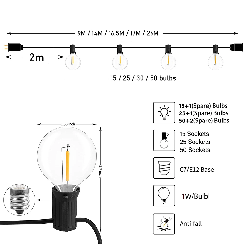 Festoon LED 지구본 스트링 라이트 페어리 LED G40 야외 정원 장식용 화환 조명, 거리 파티오 뒤뜰