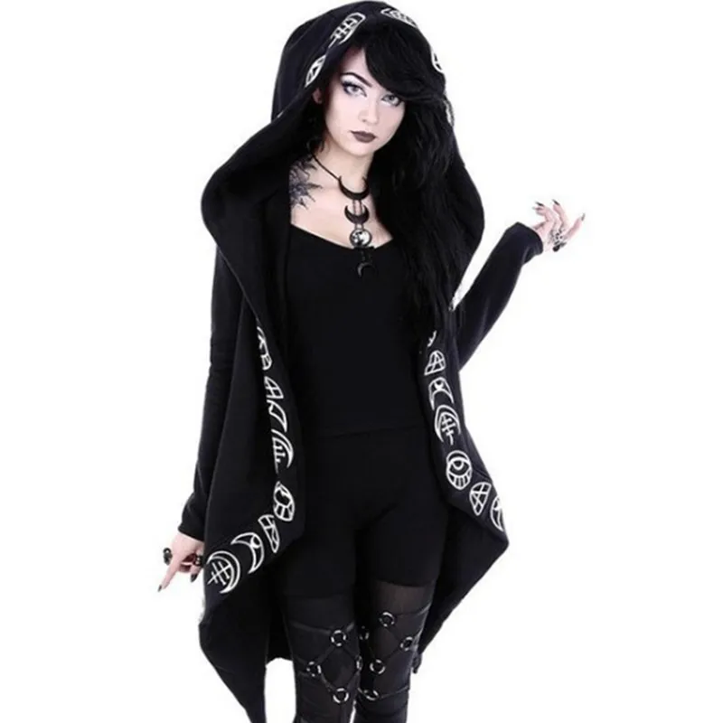 Gothic Punk Black Long Women Hoodies Sweatshirts 2022 Autumn Moon Print Long Sleeve Hoodie Women Loose Coat Hooded Sweatshirt