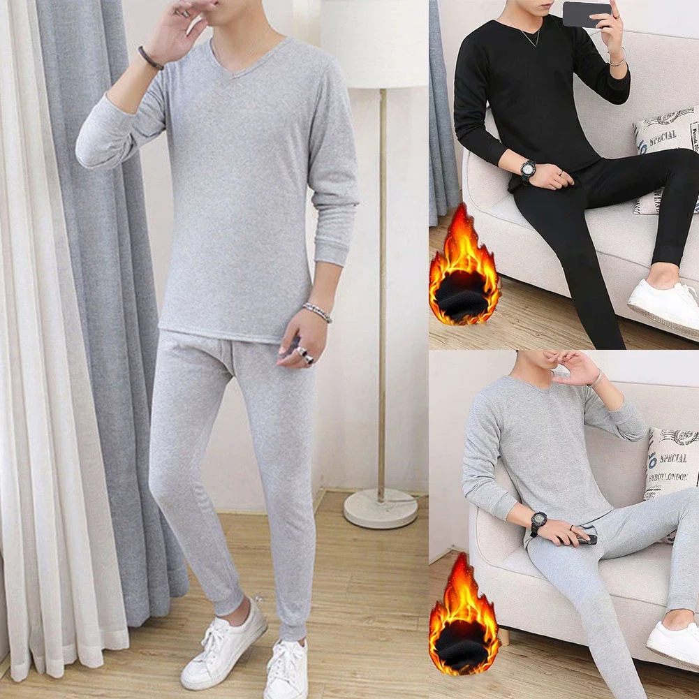 Men Winter Thermal Underwear Set Warm Ultra-Soft V Neck Long Johns Top Thick Bottom Trousers Solid Sleepwear Casual Homewear