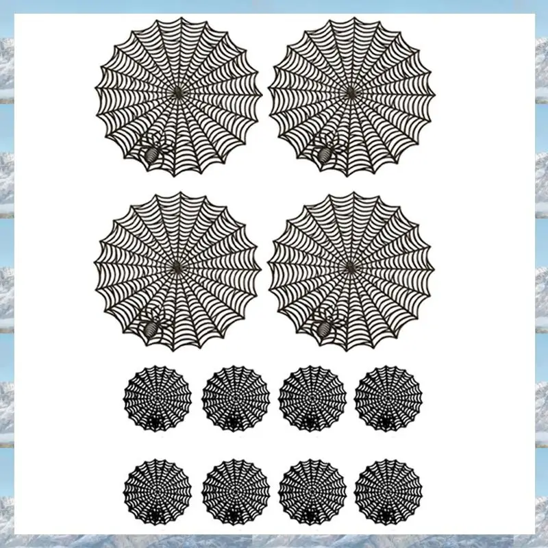 2025 Hot Style 12Pcs 15Inch Halloween Spider Web Placemats 3.94Inch Cup Mat Halloween Placemats Spider Web Table Mats