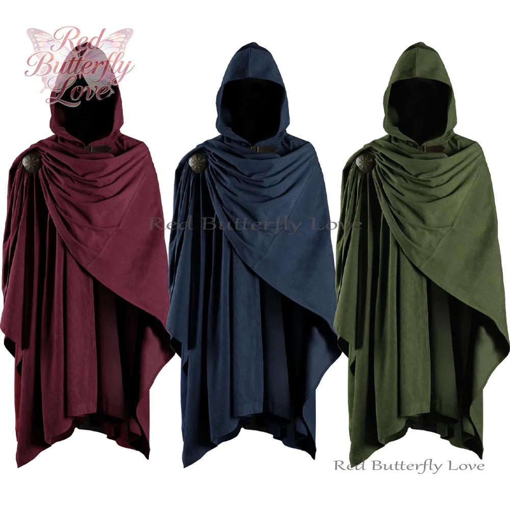 

Vintage Medieval Corduroy Hooded Cloak with Adjustable Brooch Cape Vintage Gothic for Wizard Warrior Costume Cosplay