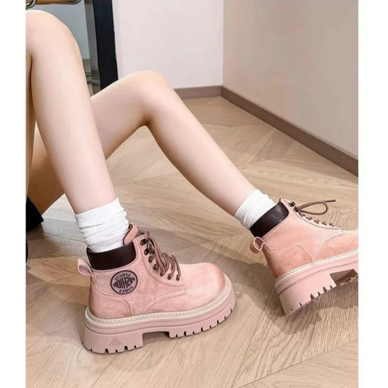 

Women's Leather Boots British Style Thick-Soled Height-Increasing Short Boots Spring Single Western Cowboy Yellow Boots