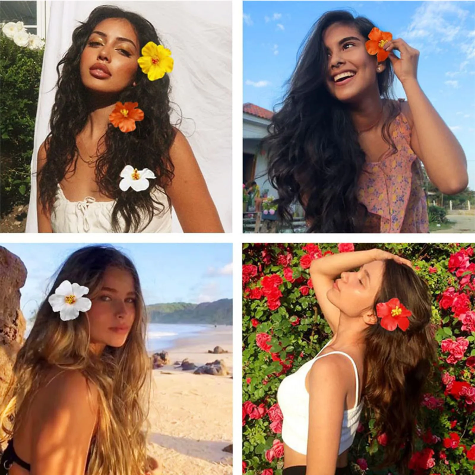 قطعة واحدة من مشابك الشعر على شكل زهرة الكركديه، باللون الأبيض والبرتقالي والأحمر، إكسسوارات للشعر الاستوائية لمظهر الشاطئ والصيف