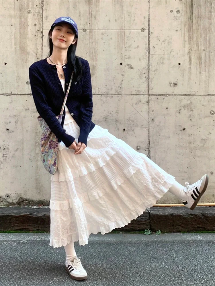 

Mid Length Lace Cake Skirt Women Spring and Summer New Solid Color High-waisted Thin A-line Versatile Fluffy Skirt A673