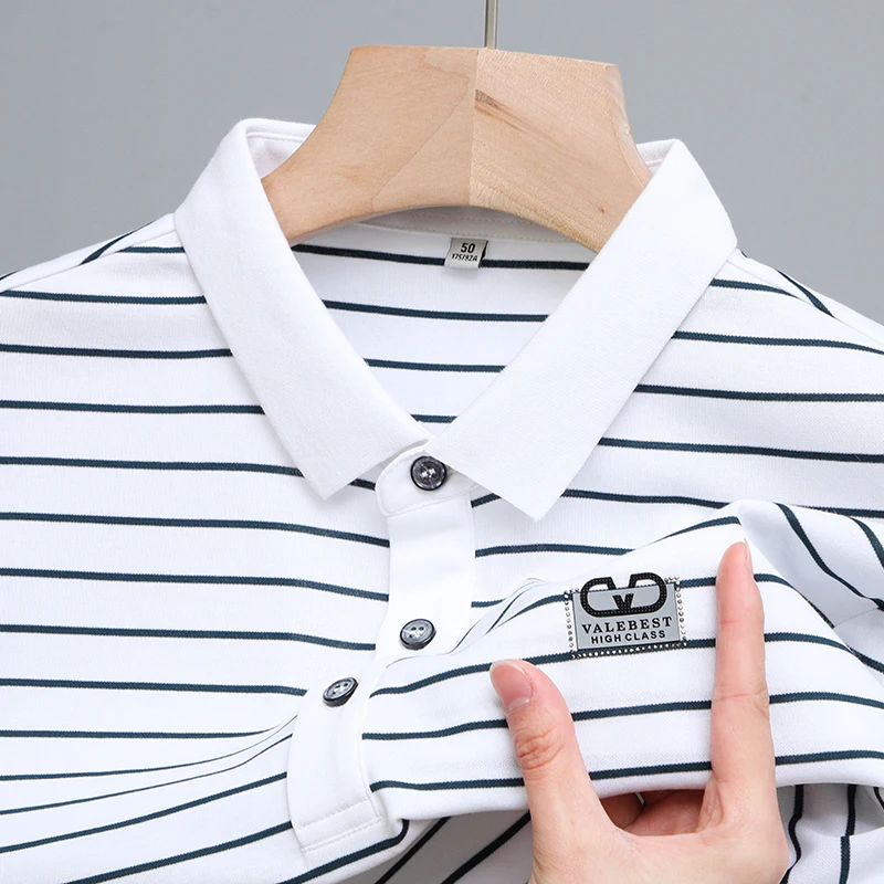 Short Sleeve New Summer Men's Luxury Mercerized Cotton Lapel Polo Shirt with Horizontal Stripes Casual V Bronzing Designer M-4XL