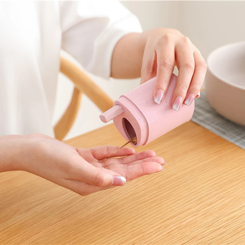 

Wheat Straw Automatic Toothpick Holder Pink Press Button Pop-Up Toothpick Dispenser Portable for Home Office Restaurant Travel