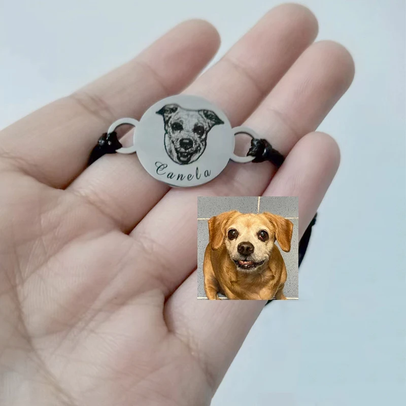 RetroGem Custom Round Stainless Steel Pet Portrait Bracelets For Women Puppy Photo Name Engraved Pet Owner Lover Bracelet Gifts