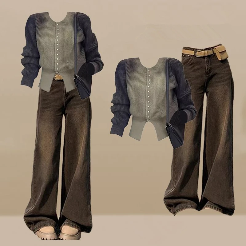Women Autumn Winter Gradient Sweater Wide Leg Pants Sets Lady Fashion Knit Cardigan Trousers Outfits Falls 2024 New Trendy Suits