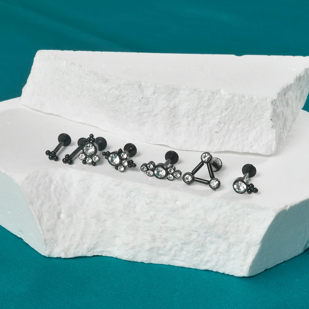 1PC Surgical Steel Black Plated Labret Crystal Cluster Helix Tragus Cartilage Flat Base Ear Studs Piercing Jewelry 16G