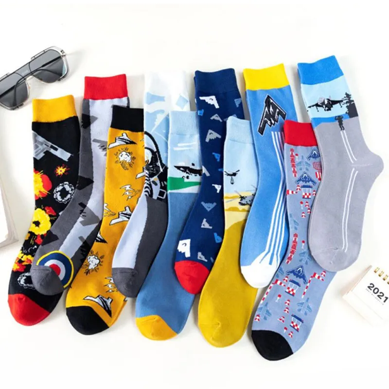 Cotton Causal Fashion Personality Space AirPlane Star Explore Men Happy Socks Boys Male Street Skateboard Funny Crew Sox Autumn