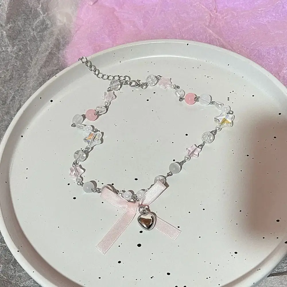 Elegant Pearls Pink Bow Necklace Korean Style Zircon Bowknot Pendant Choker Neckchain Jewelry Accessories Balletcore Choker Gift