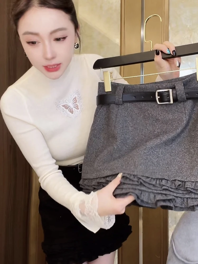 Tian Jiao Baby ey Series Misses Woolen f Skirt High Waist Bodycon Ear Look Slim A-Line ort Skirt Women's Faion