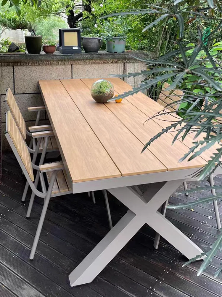 Outdoor plastic wood tables and chairs, courtyard garden leisure outdoor long table combination, open-air commercial waterproof