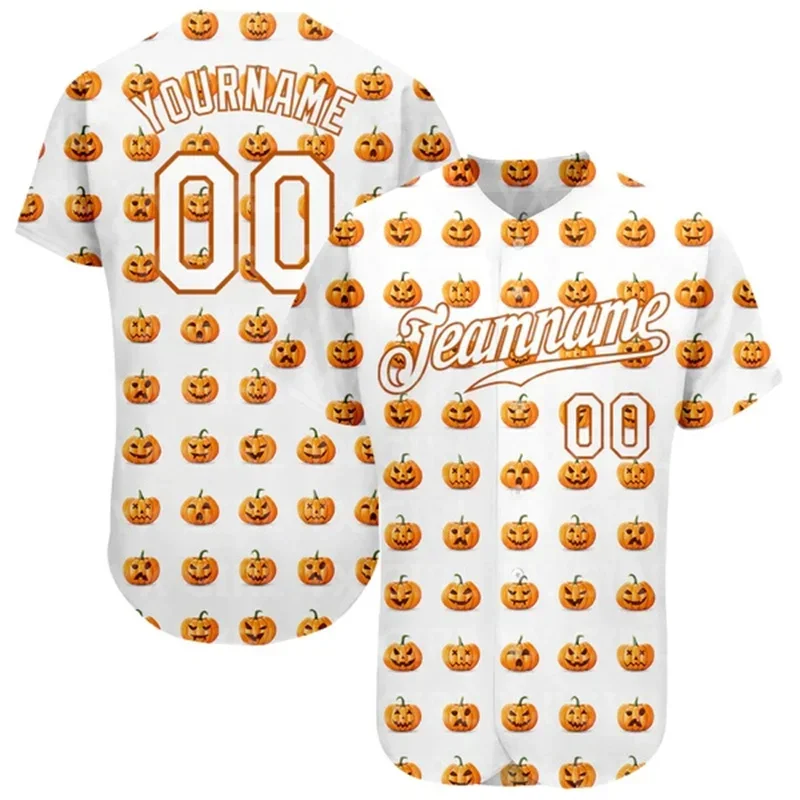 Autêntico Baseball Jersey, 3D Pattern Design, Halloween Padrão com Abóboras, Branco, Ouro, Preto, Personalizado