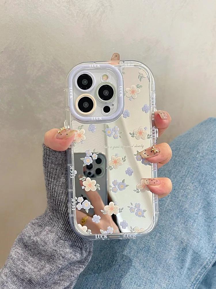 Cute Blue Flowers Mirror Hard Phone Case For iPhone 15 Pro Max 14 13 11 12 Soft Bumper Shockproof Cover