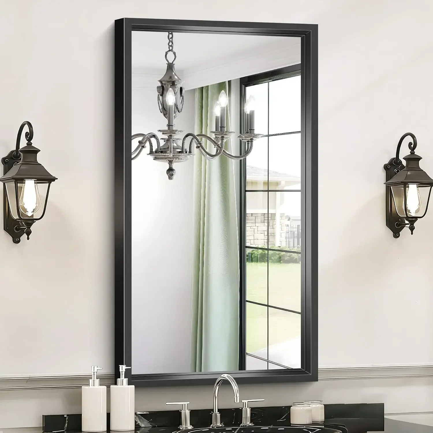 

Зеркала для ванной комнаты над раковиной, прямоугольное зеркало черного матового цвета 36 x 20 дюймов, настенное зеркало с утолщенной глубокой рамой 0,6 дюйма, ударопрочное.